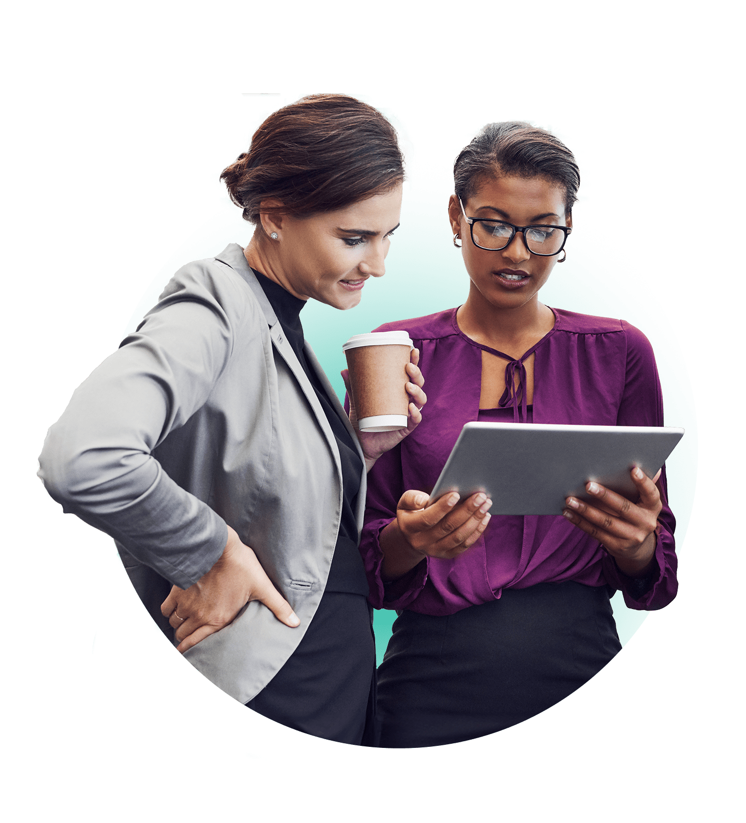 females tablet hero-circle_2011339250 Two HR employees looking at performance management software on tablet.
